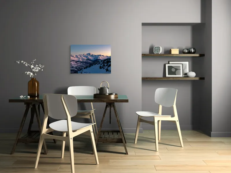 Tablou Canvas, "Munți largi în zori senini", Munți, Zăpadă, Apus, Cer, Pădure, 70 x 50 cm – poza 5