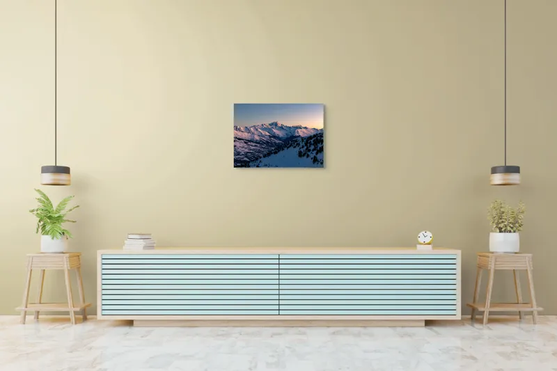 Tablou Canvas, "Munți largi în zori senini", Munți, Zăpadă, Apus, Cer, Pădure, 70 x 50 cm – poza 7