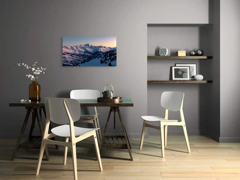 Tablou Canvas, "Munți largi în zori senini", Munți, Zăpadă, Apus, Cer, Pădure, 90 x 50 cm – poza 3