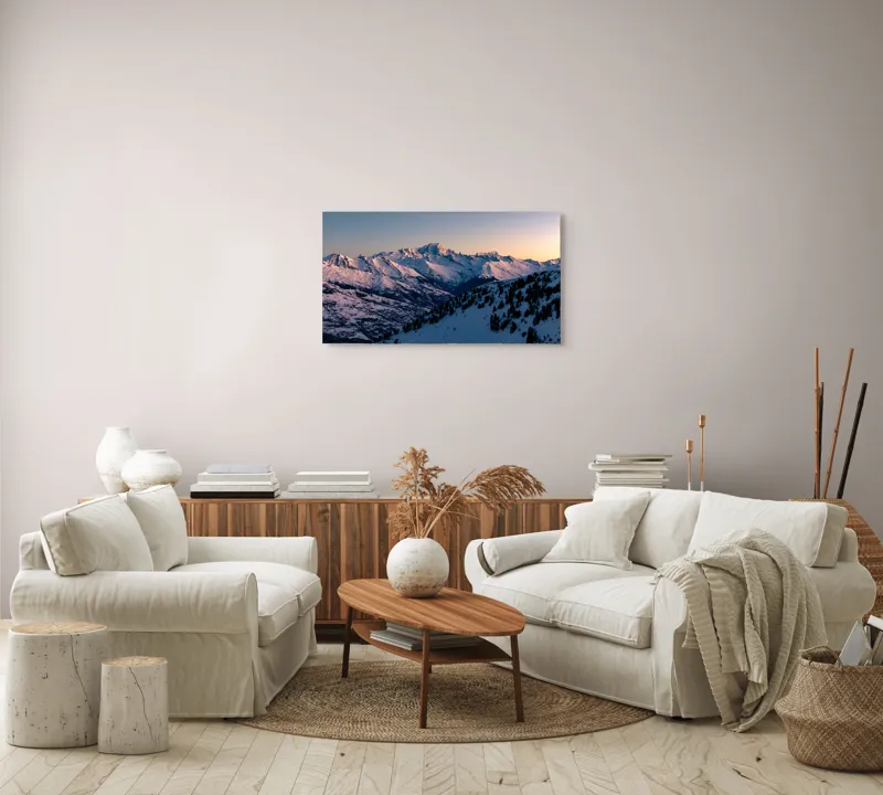 Tablou Canvas, "Munți largi în zori senini", Munți, Zăpadă, Apus, Cer, Pădure, 90 x 50 cm – poza 4