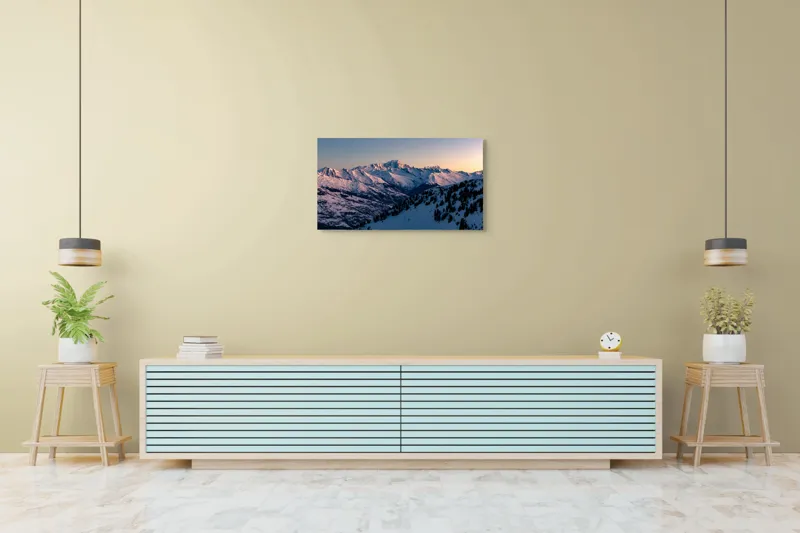 Tablou Canvas, "Munți largi în zori senini", Munți, Zăpadă, Apus, Cer, Pădure, 90 x 50 cm – poza 5