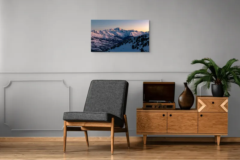 Tablou Canvas, "Munți largi în zori senini", Munți, Zăpadă, Apus, Cer, Pădure, 90 x 50 cm – poza 6