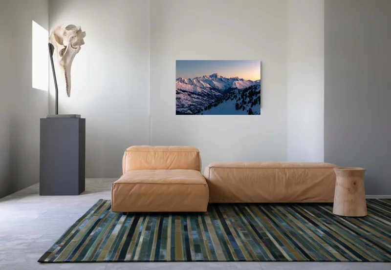 Tablou Canvas, "Munți largi în zori senini", Munți, Zăpadă, Apus, Cer, Pădure, 90 x 50 cm – poza 8