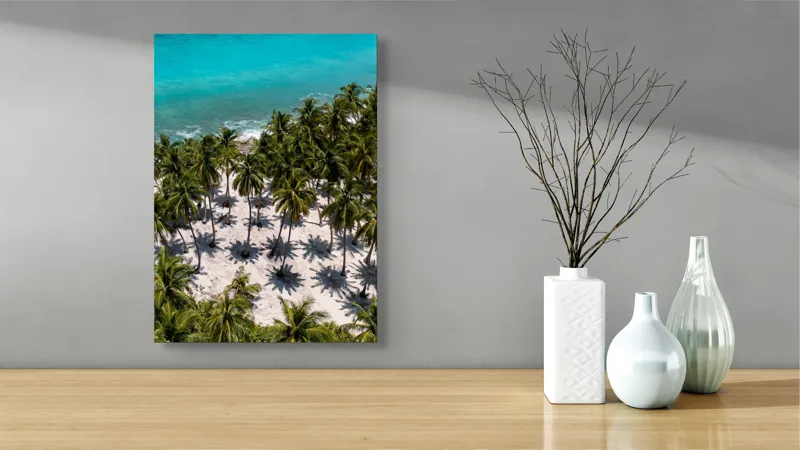 Tablou Canvas, "Umbrele palmierilor pe nisip alb", Ocean, Nisip, Palmieri, Umbre, Tropical, Albastru, Valuri, Soare, Paradis, Vacanță, 39 x 54 cm – poza 4