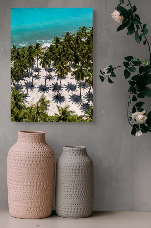 Tablou Canvas, "Umbrele palmierilor pe nisip alb", Ocean, Nisip, Palmieri, Umbre, Tropical, Albastru, Valuri, Soare, Paradis, Vacanță, 39 x 54 cm – poza 6