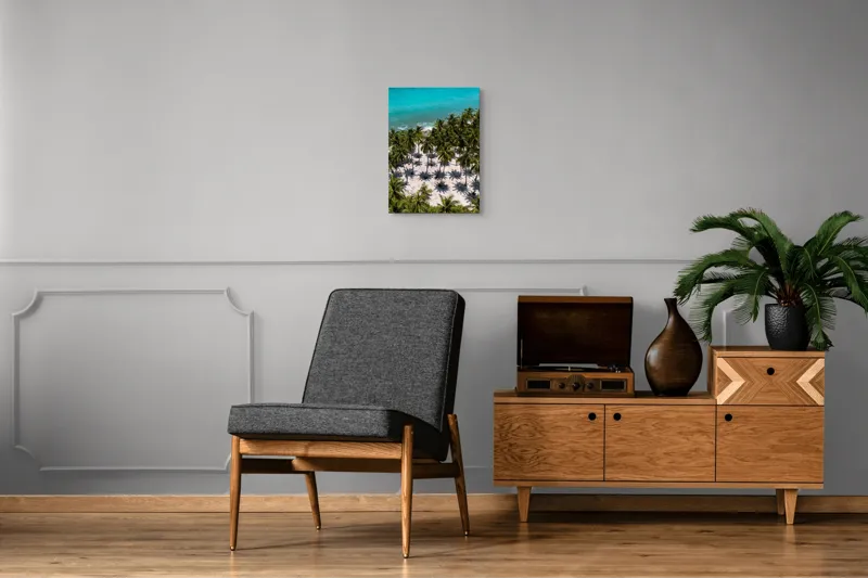 Tablou Canvas, "Umbrele palmierilor pe nisip alb", Ocean, Nisip, Palmieri, Umbre, Tropical, Albastru, Valuri, Soare, Paradis, Vacanță, 39 x 54 cm – poza 8