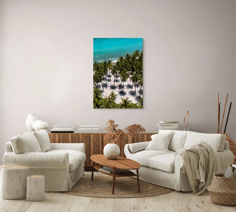 Tablou Canvas, "Umbrele palmierilor pe nisip alb", Ocean, Nisip, Palmieri, Umbre, Tropical, Albastru, Valuri, Soare, Paradis, Vacanță, 70 x 100 cm – poza 4