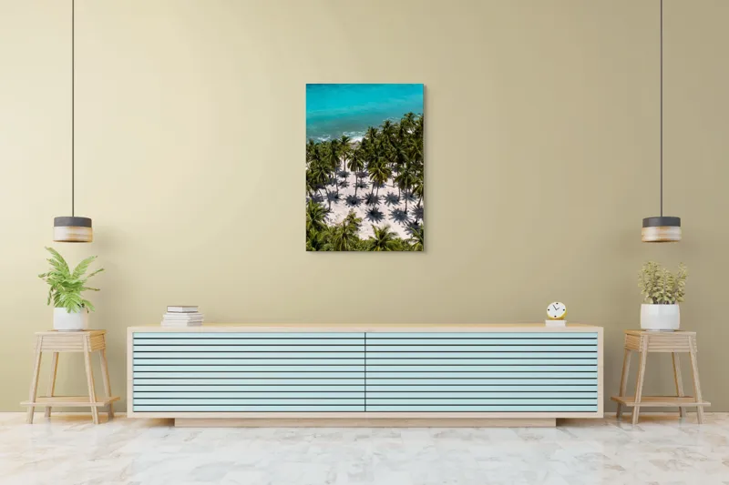 Tablou Canvas, "Umbrele palmierilor pe nisip alb", Ocean, Nisip, Palmieri, Umbre, Tropical, Albastru, Valuri, Soare, Paradis, Vacanță, 70 x 100 cm – poza 5