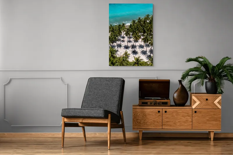 Tablou Canvas, "Umbrele palmierilor pe nisip alb", Ocean, Nisip, Palmieri, Umbre, Tropical, Albastru, Valuri, Soare, Paradis, Vacanță, 70 x 100 cm – poza 6