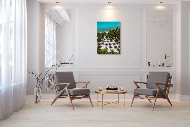 Tablou Canvas, "Umbrele palmierilor pe nisip alb", Ocean, Nisip, Palmieri, Umbre, Tropical, Albastru, Valuri, Soare, Paradis, Vacanță, 70 x 100 cm – poza 8