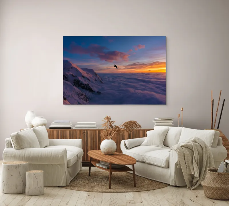 Tablou Canvas, "Vultur zburând deasupra norilor albi", Cer, Apus, Nor, Munte, Păsăre, Zăpadă, Lumină, Culori, Vedere, Liniște, 150 x 100 cm – poza 3