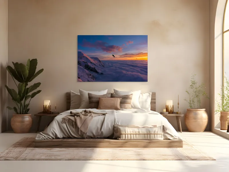 Tablou Canvas, "Vultur zburând deasupra norilor albi", Cer, Apus, Nor, Munte, Păsăre, Zăpadă, Lumină, Culori, Vedere, Liniște, 150 x 100 cm – poza 4