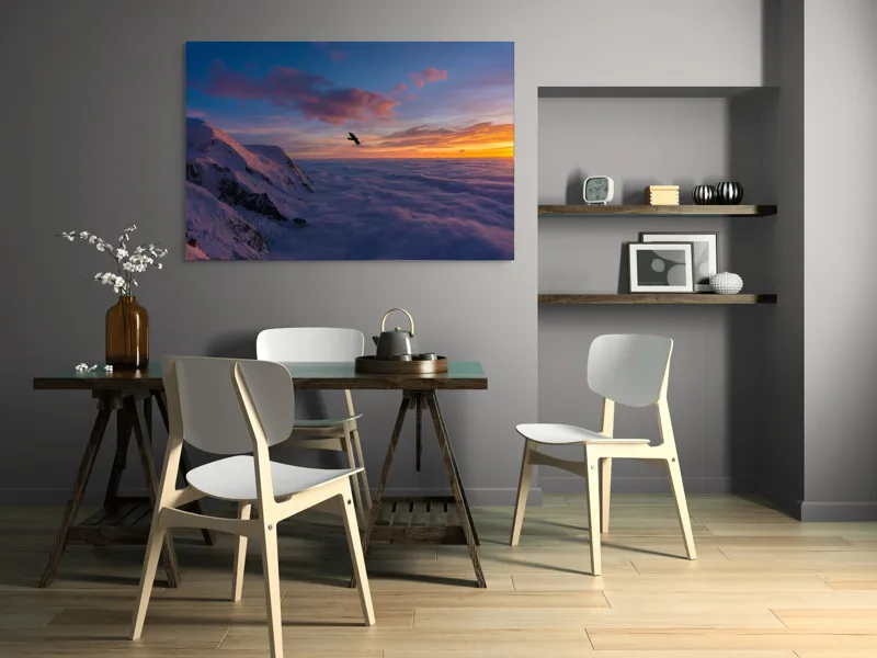 Tablou Canvas, "Vultur zburând deasupra norilor albi", Cer, Apus, Nor, Munte, Păsăre, Zăpadă, Lumină, Culori, Vedere, Liniște, 150 x 100 cm – poza 5