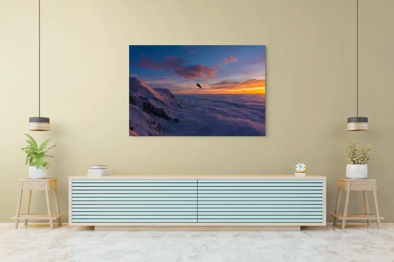 Tablou Canvas, "Vultur zburând deasupra norilor albi", Cer, Apus, Nor, Munte, Păsăre, Zăpadă, Lumină, Culori, Vedere, Liniște, 150 x 100 cm – poza 6