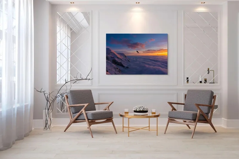 Tablou Canvas, "Vultur zburând deasupra norilor albi", Cer, Apus, Nor, Munte, Păsăre, Zăpadă, Lumină, Culori, Vedere, Liniște, 150 x 100 cm – poza 7