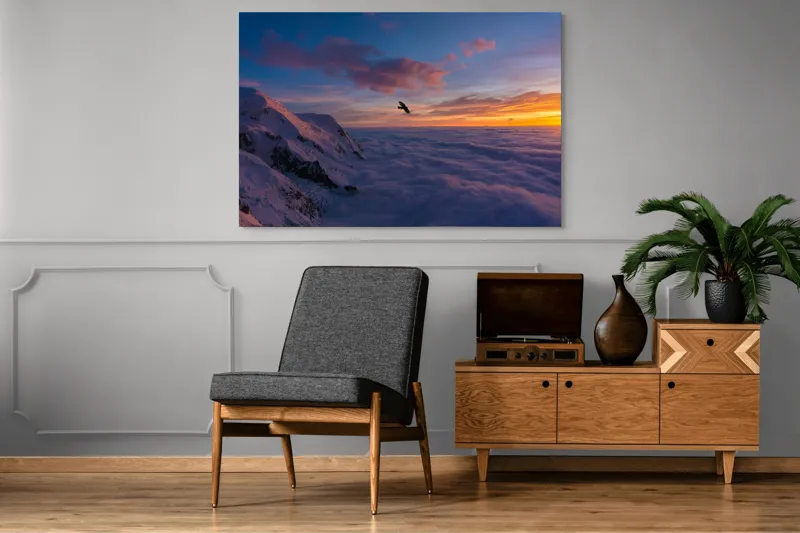 Tablou Canvas, "Vultur zburând deasupra norilor albi", Cer, Apus, Nor, Munte, Păsăre, Zăpadă, Lumină, Culori, Vedere, Liniște, 150 x 100 cm – poza 8