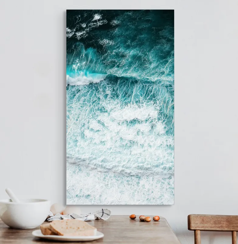 Tablou Canvas, "Valurile mării în dans turcoaz", Valuri, Spumă, Azuriu, Turcoaz, Învolburare, Ocean, Energie, Natură, 50 x 90 cm – poza 3