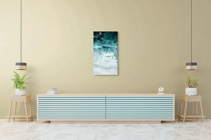 Tablou Canvas, "Valurile mării în dans turcoaz", Valuri, Spumă, Azuriu, Turcoaz, Învolburare, Ocean, Energie, Natură, 50 x 90 cm – poza 6