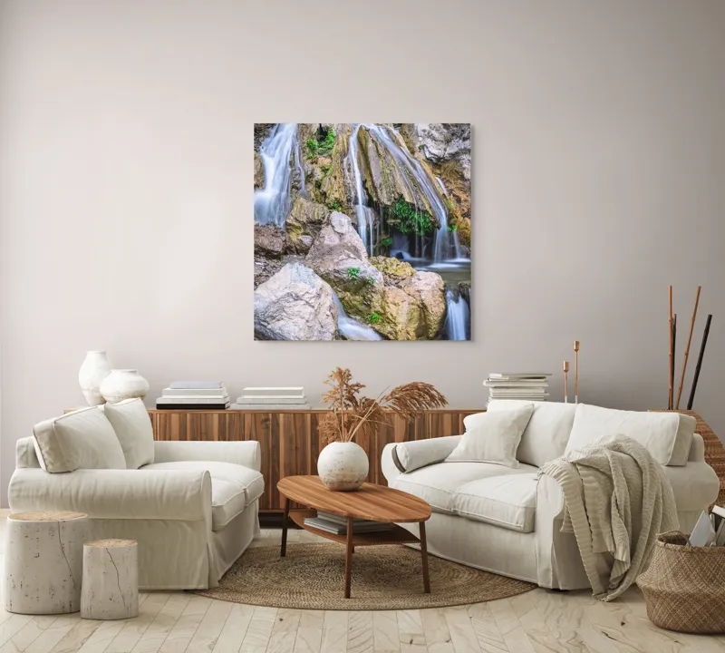 Tablou Canvas, "Cascada peste stânci și mușchi verde", Cascade, Piatre, Apa, Vegetație, Natură, Flux, Seninătate, Răcoros, Pitoresc, Întinerire, 100 x 100 cm – poza 3