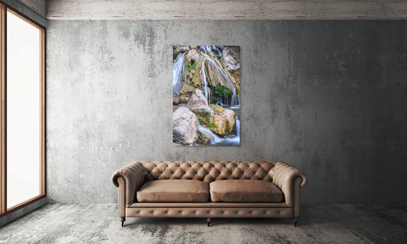 Tablou Canvas, "Cascada peste stânci și mușchi verde", Cascade, Piatre, Apa, Vegetație, Natură, Flux, Seninătate, Răcoros, Pitoresc, Întinerire, 100 x 150 cm – poza 6
