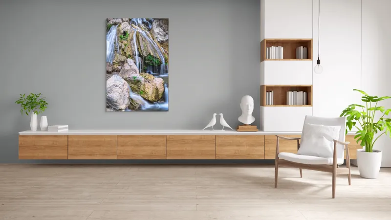 Tablou Canvas, "Cascada peste stânci și mușchi verde", Cascade, Piatre, Apa, Vegetație, Natură, Flux, Seninătate, Răcoros, Pitoresc, Întinerire, 100 x 150 cm – poza 8