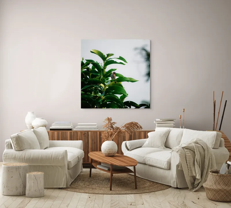 Tablou Canvas, "Pasărea singuratică pe ramura verde", Frunziș, Pasăre, Cer, Natural, Verde, Lucios, Solitar, Răsărit, Libertate, Armonie, 100 x 100 cm – poza 3