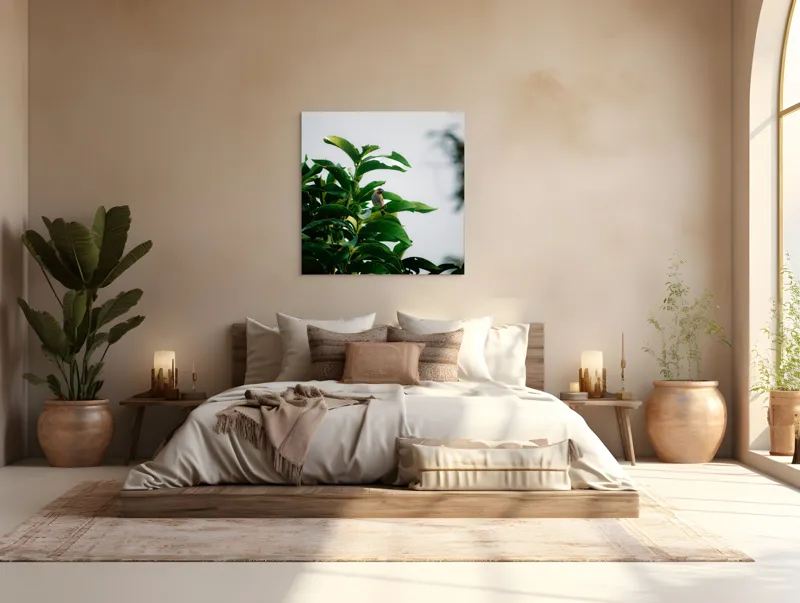 Tablou Canvas, "Pasărea singuratică pe ramura verde", Frunziș, Pasăre, Cer, Natural, Verde, Lucios, Solitar, Răsărit, Libertate, Armonie, 100 x 100 cm – poza 4