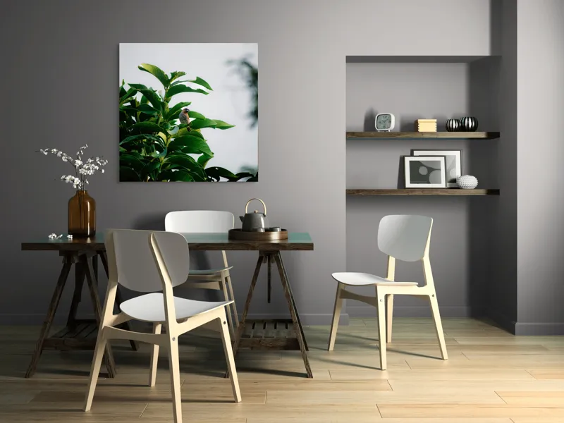 Tablou Canvas, "Pasărea singuratică pe ramura verde", Frunziș, Pasăre, Cer, Natural, Verde, Lucios, Solitar, Răsărit, Libertate, Armonie, 100 x 100 cm – poza 6