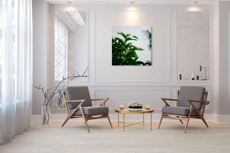 Tablou Canvas, "Pasărea singuratică pe ramura verde", Frunziș, Pasăre, Cer, Natural, Verde, Lucios, Solitar, Răsărit, Libertate, Armonie, 100 x 100 cm – poza 7