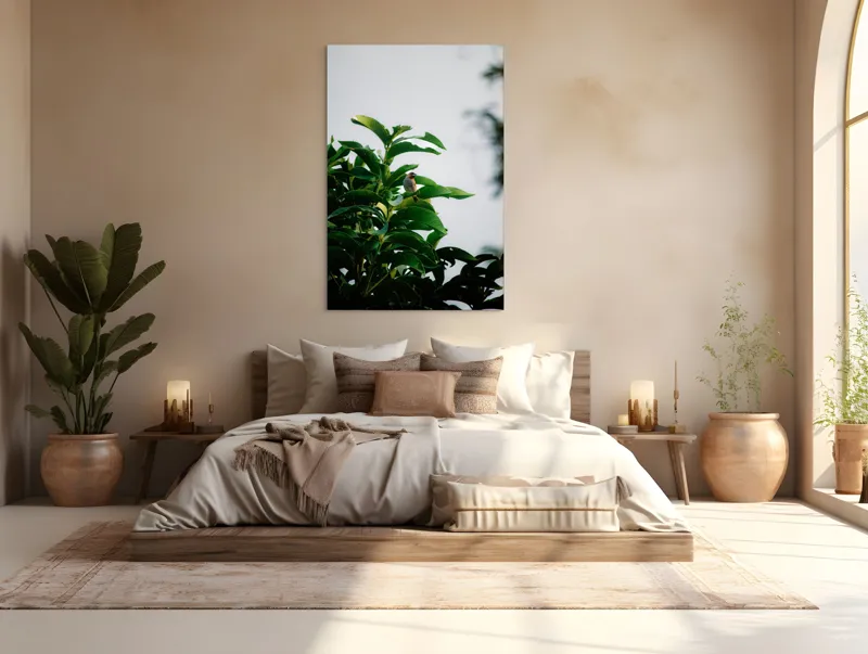 Tablou Canvas, "Pasărea singuratică pe ramura verde", Frunziș, Pasăre, Cer, Natural, Verde, Lucios, Solitar, Răsărit, Libertate, Armonie, 100 x 150 cm – poza 3