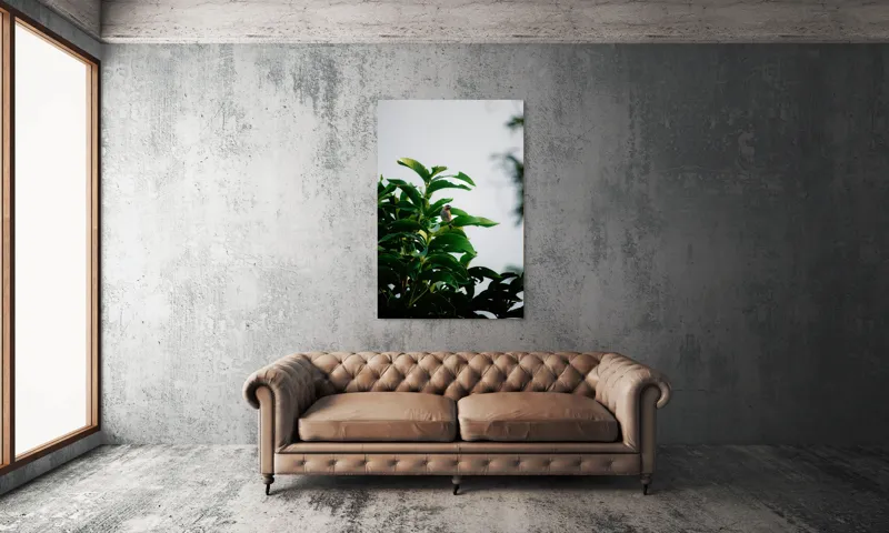 Tablou Canvas, "Pasărea singuratică pe ramura verde", Frunziș, Pasăre, Cer, Natural, Verde, Lucios, Solitar, Răsărit, Libertate, Armonie, 100 x 150 cm – poza 6