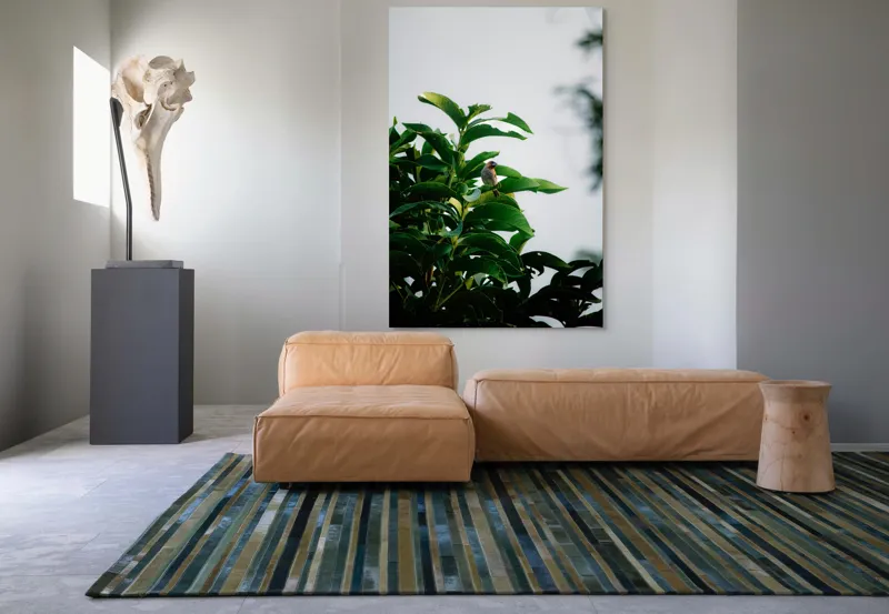 Tablou Canvas, "Pasărea singuratică pe ramura verde", Frunziș, Pasăre, Cer, Natural, Verde, Lucios, Solitar, Răsărit, Libertate, Armonie, 100 x 150 cm – poza 7