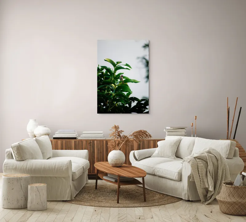 Tablou Canvas, "Pasărea singuratică pe ramura verde", Frunziș, Pasăre, Cer, Natural, Verde, Lucios, Solitar, Răsărit, Libertate, Armonie, 70 x 100 cm – poza 4