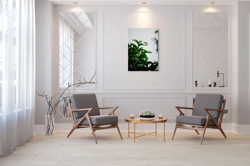 Tablou Canvas, "Pasărea singuratică pe ramura verde", Frunziș, Pasăre, Cer, Natural, Verde, Lucios, Solitar, Răsărit, Libertate, Armonie, 70 x 100 cm – poza 8