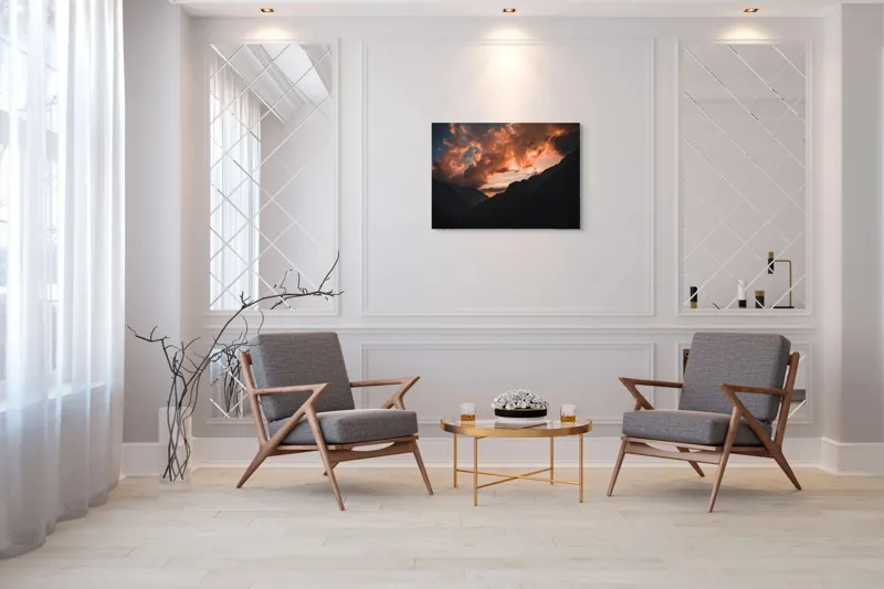 Tablou Canvas, "Culorile apusului între munți semeți", Norii, Apus, Munți, Siluetă, Cer, Dramatic, Lumină, Roșu, Întuneric, Peisaj, 100 x 70 cm – poza 5