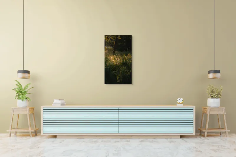 Tablou Canvas, "Lumina soarelui prin iarba verde", Natură, Lumină, Iarbă, Umbre, Seară, Copaci, Pădure, Strălucire, 50 x 90 cm – poza 6