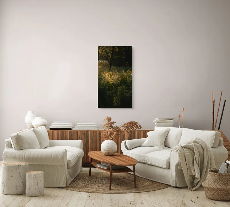 Tablou Canvas, "Lumina soarelui prin iarba verde", Natură, Lumină, Iarbă, Umbre, Seară, Copaci, Pădure, Strălucire, 50 x 90 cm – poza 7