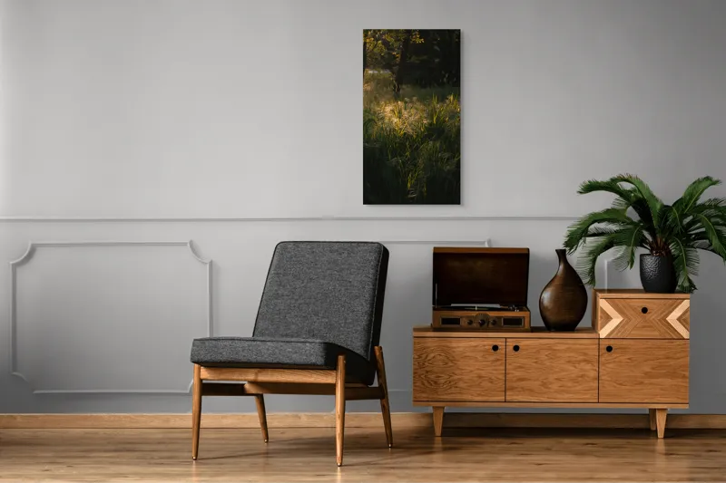 Tablou Canvas, "Lumina soarelui prin iarba verde", Natură, Lumină, Iarbă, Umbre, Seară, Copaci, Pădure, Strălucire, 50 x 90 cm – poza 8