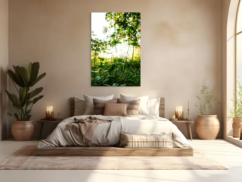 Tablou Canvas, "Flori albe în lumină de vară", Flori, Soare, Natură, Verdeață, Luminozitate, Delicatețe, Încântare, Frumusețe, 100 x 150 cm – poza 3