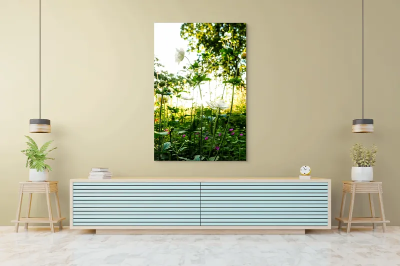 Tablou Canvas, "Flori albe în lumină de vară", Flori, Soare, Natură, Verdeață, Luminozitate, Delicatețe, Încântare, Frumusețe, 100 x 150 cm – poza 4
