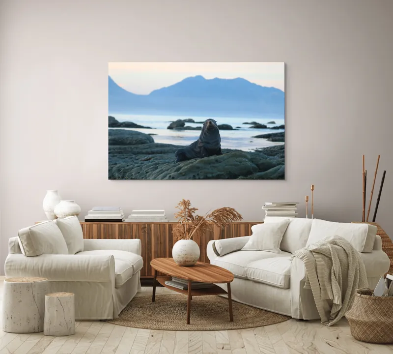 Tablou Canvas, "Leul de mare la apus", Leu, Marin, Stânci, Apus, Munte, Ocean, Orizont, Cer, Posedare, Relaxare, 150 x 100 cm – poza 3