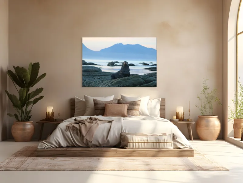 Tablou Canvas, "Leul de mare la apus", Leu, Marin, Stânci, Apus, Munte, Ocean, Orizont, Cer, Posedare, Relaxare, 150 x 100 cm – poza 4