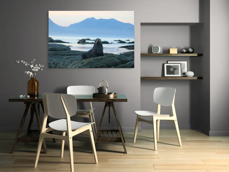 Tablou Canvas, "Leul de mare la apus", Leu, Marin, Stânci, Apus, Munte, Ocean, Orizont, Cer, Posedare, Relaxare, 150 x 100 cm – poza 5