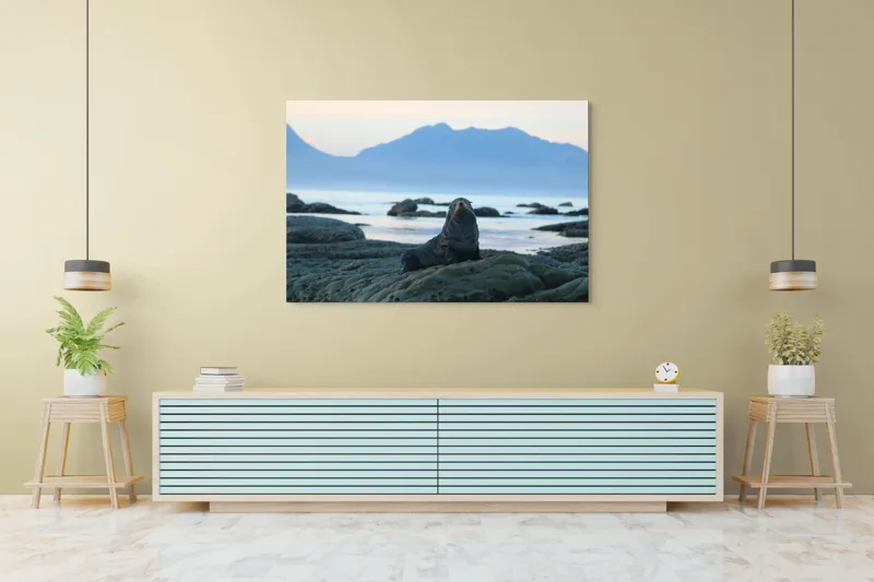 Tablou Canvas, "Leul de mare la apus", Leu, Marin, Stânci, Apus, Munte, Ocean, Orizont, Cer, Posedare, Relaxare, 150 x 100 cm – poza 6