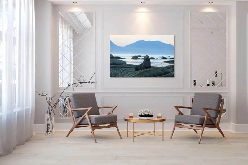 Tablou Canvas, "Leul de mare la apus", Leu, Marin, Stânci, Apus, Munte, Ocean, Orizont, Cer, Posedare, Relaxare, 150 x 100 cm – poza 7