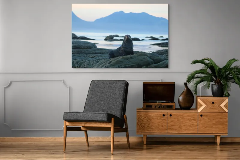 Tablou Canvas, "Leul de mare la apus", Leu, Marin, Stânci, Apus, Munte, Ocean, Orizont, Cer, Posedare, Relaxare, 150 x 100 cm – poza 8