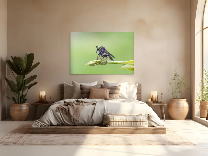 Tablou Canvas, "O muscă poposită pe lujer verde", Întins, Verde, Fragil, Insectă, Delicat, Echilibru, Microscopic, Zvelt, Natură, Lumină, 150 x 100 cm – poza 4