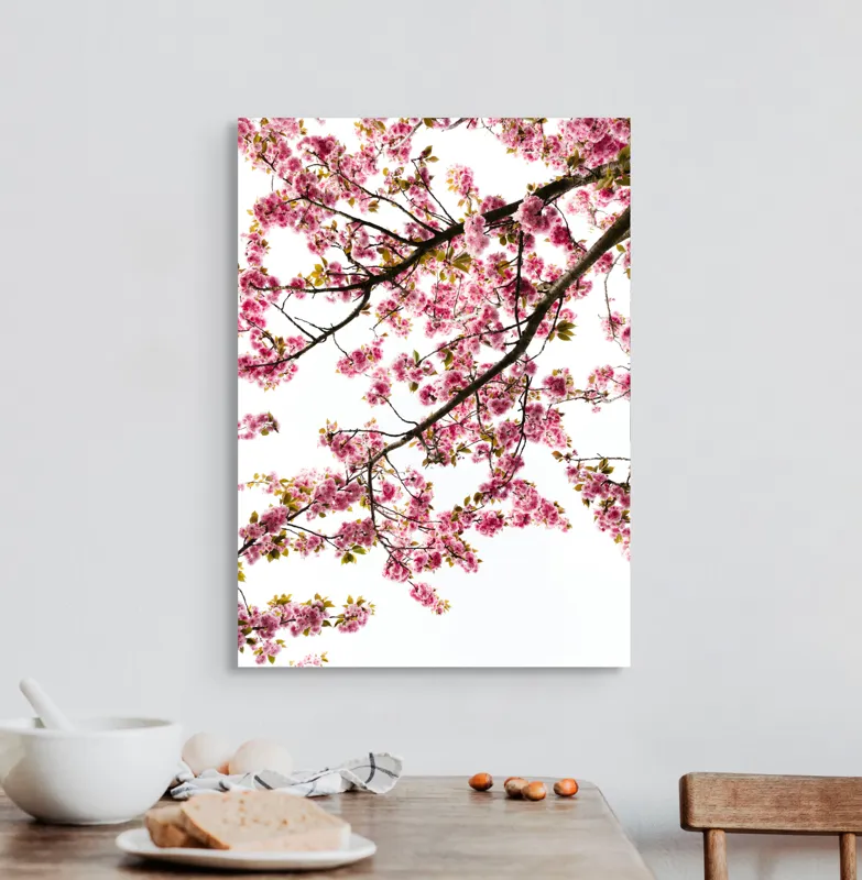 Tablou Canvas, "Primăvară înflorită sub cer senin", Flori, Roz, Cireș, Primăvară, Natură, Petale, Ramuri, Verde, Delicatețe, Luminozitate, 50 x 70 cm – poza 3