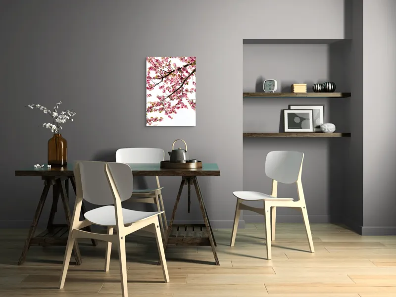 Tablou Canvas, "Primăvară înflorită sub cer senin", Flori, Roz, Cireș, Primăvară, Natură, Petale, Ramuri, Verde, Delicatețe, Luminozitate, 50 x 70 cm – poza 5