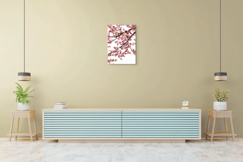 Tablou Canvas, "Primăvară înflorită sub cer senin", Flori, Roz, Cireș, Primăvară, Natură, Petale, Ramuri, Verde, Delicatețe, Luminozitate, 50 x 70 cm – poza 6